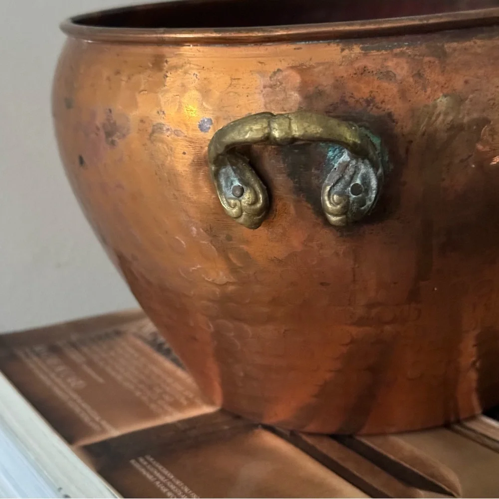 Vintage Hosley Copper Container Planter W/ Brass Handles / vase